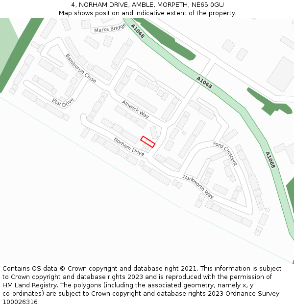 4, NORHAM DRIVE, AMBLE, MORPETH, NE65 0GU: Location map and indicative extent of plot