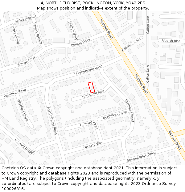 4, NORTHFIELD RISE, POCKLINGTON, YORK, YO42 2ES: Location map and indicative extent of plot