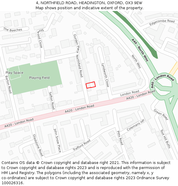 4, NORTHFIELD ROAD, HEADINGTON, OXFORD, OX3 9EW: Location map and indicative extent of plot