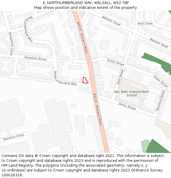 4, NORTHUMBERLAND WAY, WALSALL, WS2 7BF: Location map and indicative extent of plot