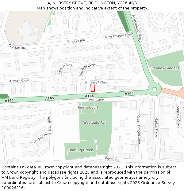 4, NURSERY GROVE, BRIDLINGTON, YO16 4QS: Location map and indicative extent of plot