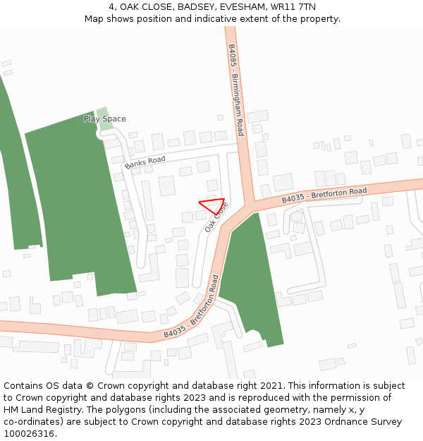 4, OAK CLOSE, BADSEY, EVESHAM, WR11 7TN: Location map and indicative extent of plot