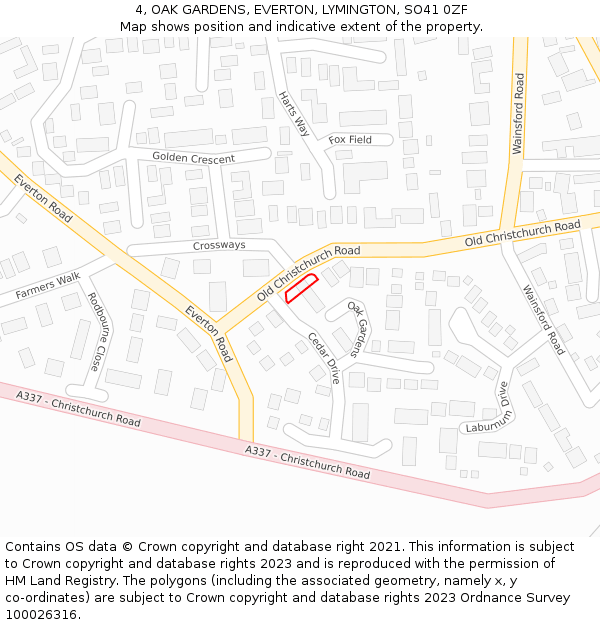 4, OAK GARDENS, EVERTON, LYMINGTON, SO41 0ZF: Location map and indicative extent of plot