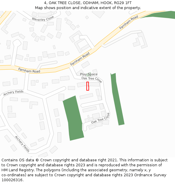 4, OAK TREE CLOSE, ODIHAM, HOOK, RG29 1FT: Location map and indicative extent of plot