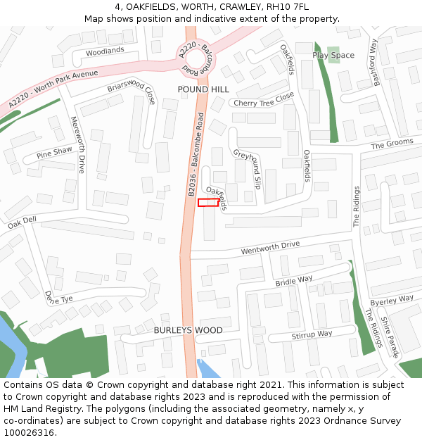 4, OAKFIELDS, WORTH, CRAWLEY, RH10 7FL: Location map and indicative extent of plot