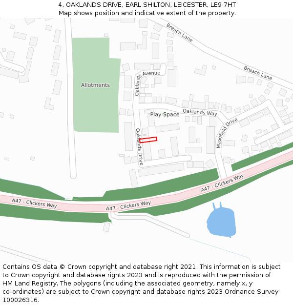 4, OAKLANDS DRIVE, EARL SHILTON, LEICESTER, LE9 7HT: Location map and indicative extent of plot