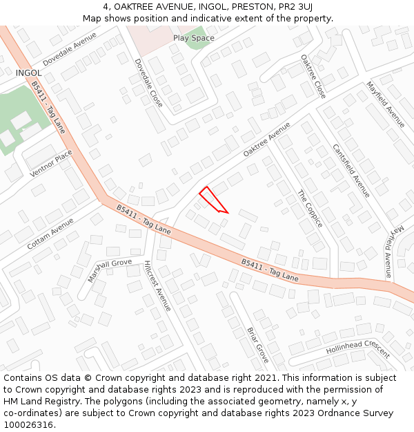 4, OAKTREE AVENUE, INGOL, PRESTON, PR2 3UJ: Location map and indicative extent of plot