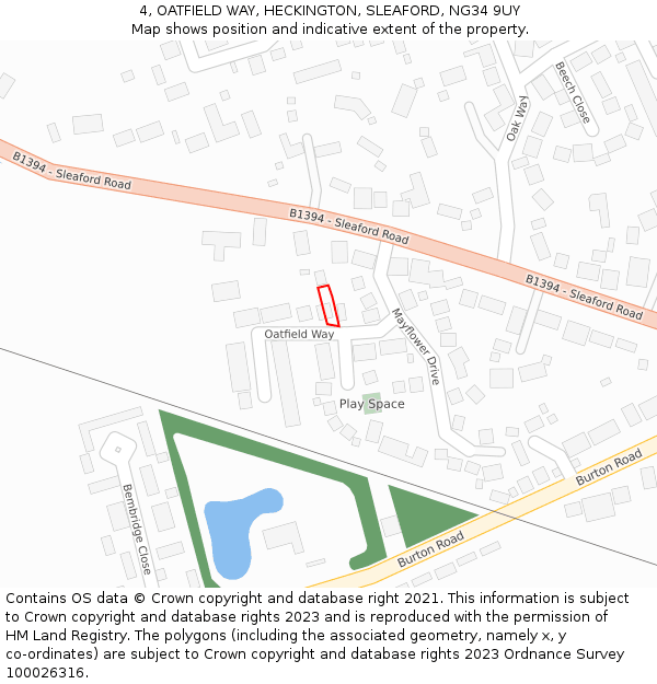 4, OATFIELD WAY, HECKINGTON, SLEAFORD, NG34 9UY: Location map and indicative extent of plot