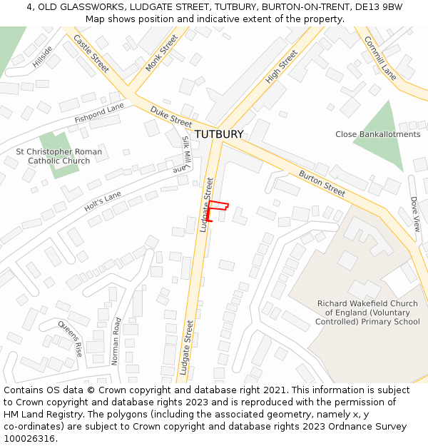 4, OLD GLASSWORKS, LUDGATE STREET, TUTBURY, BURTON-ON-TRENT, DE13 9BW: Location map and indicative extent of plot