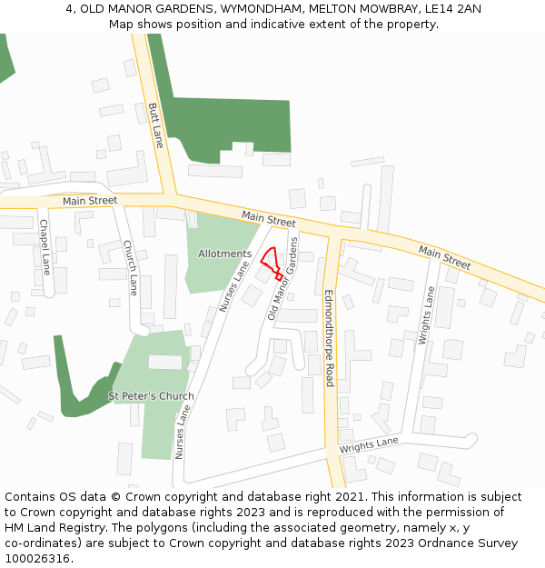 4, OLD MANOR GARDENS, WYMONDHAM, MELTON MOWBRAY, LE14 2AN: Location map and indicative extent of plot