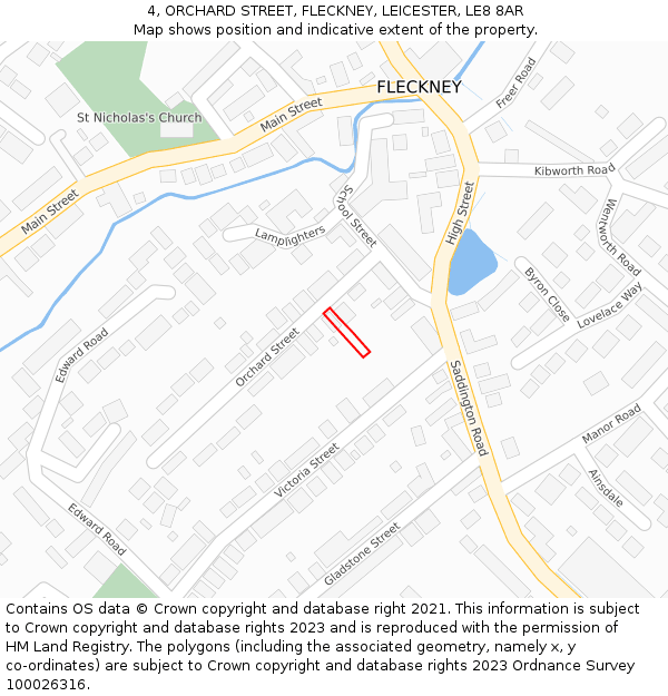 4, ORCHARD STREET, FLECKNEY, LEICESTER, LE8 8AR: Location map and indicative extent of plot