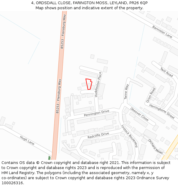 4, ORDSDALL CLOSE, FARINGTON MOSS, LEYLAND, PR26 6QP: Location map and indicative extent of plot