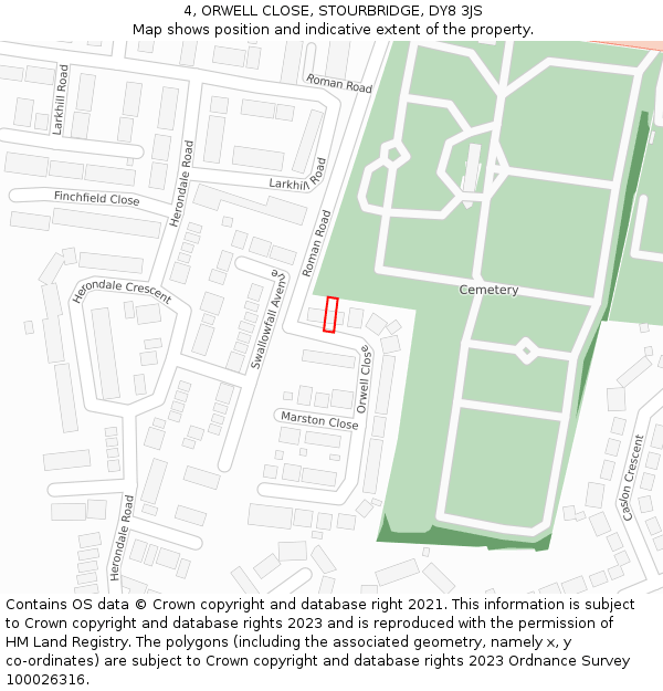 4, ORWELL CLOSE, STOURBRIDGE, DY8 3JS: Location map and indicative extent of plot