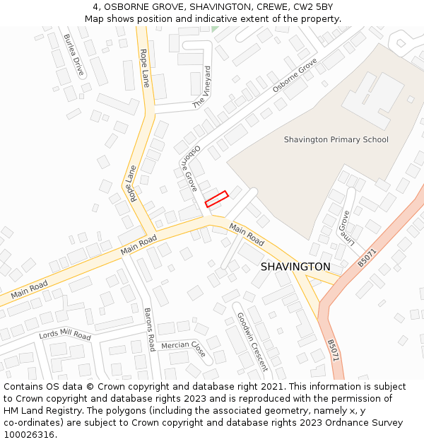 4, OSBORNE GROVE, SHAVINGTON, CREWE, CW2 5BY: Location map and indicative extent of plot