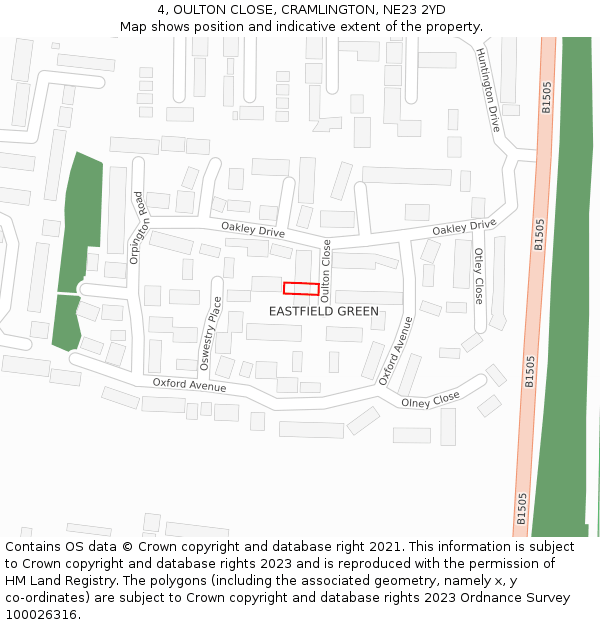 4, OULTON CLOSE, CRAMLINGTON, NE23 2YD: Location map and indicative extent of plot