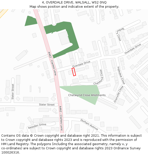 4, OVERDALE DRIVE, WALSALL, WS2 0NQ: Location map and indicative extent of plot