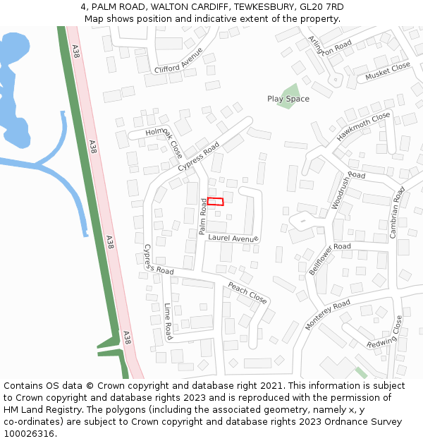 4, PALM ROAD, WALTON CARDIFF, TEWKESBURY, GL20 7RD: Location map and indicative extent of plot