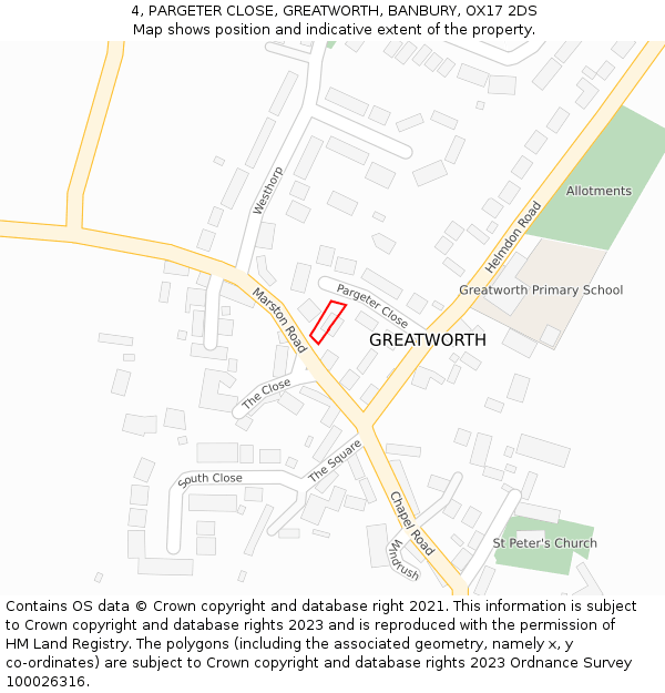 4, PARGETER CLOSE, GREATWORTH, BANBURY, OX17 2DS: Location map and indicative extent of plot