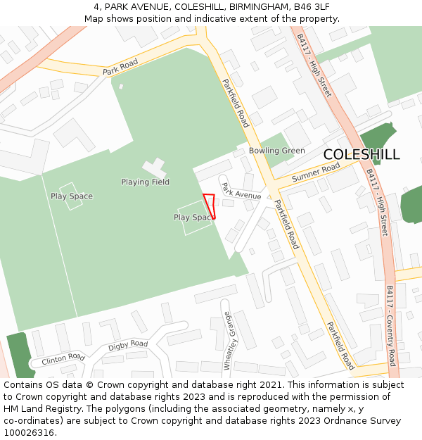 4, PARK AVENUE, COLESHILL, BIRMINGHAM, B46 3LF: Location map and indicative extent of plot