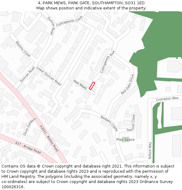 4, PARK MEWS, PARK GATE, SOUTHAMPTON, SO31 1ED: Location map and indicative extent of plot