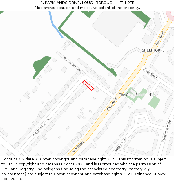 4, PARKLANDS DRIVE, LOUGHBOROUGH, LE11 2TB: Location map and indicative extent of plot