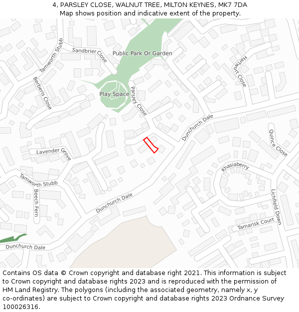 4, PARSLEY CLOSE, WALNUT TREE, MILTON KEYNES, MK7 7DA: Location map and indicative extent of plot