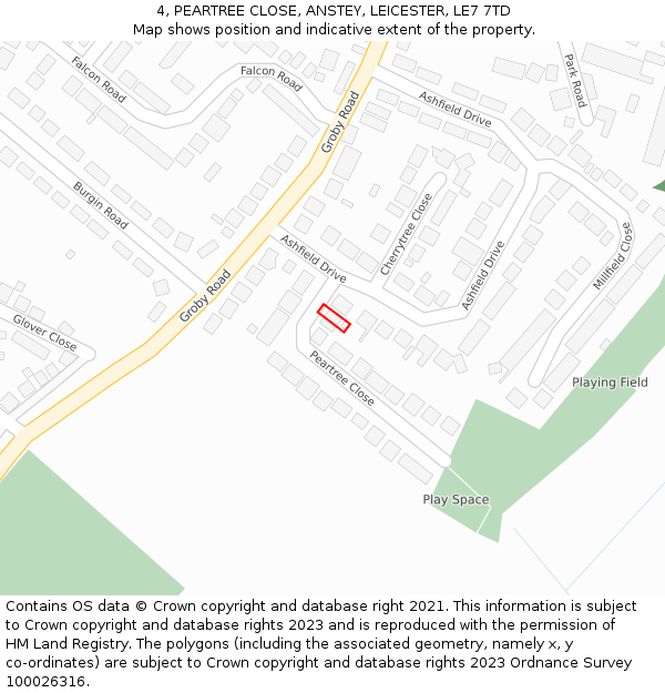 4, PEARTREE CLOSE, ANSTEY, LEICESTER, LE7 7TD: Location map and indicative extent of plot