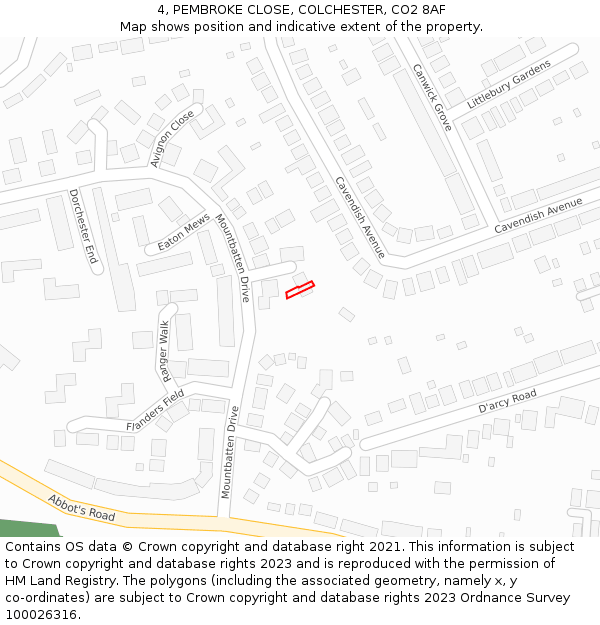 4, PEMBROKE CLOSE, COLCHESTER, CO2 8AF: Location map and indicative extent of plot