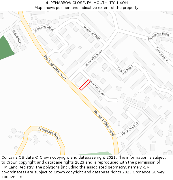 4, PENARROW CLOSE, FALMOUTH, TR11 4QH: Location map and indicative extent of plot