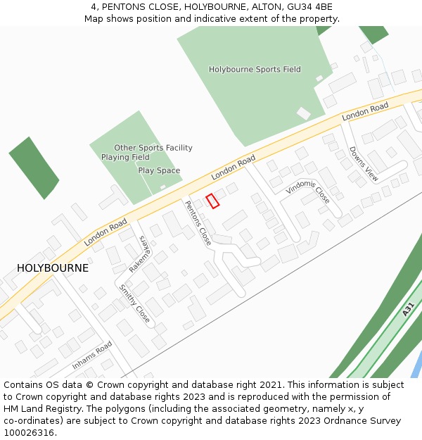 4, PENTONS CLOSE, HOLYBOURNE, ALTON, GU34 4BE: Location map and indicative extent of plot