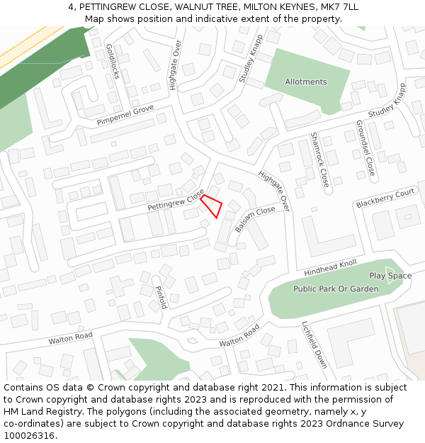 4, PETTINGREW CLOSE, WALNUT TREE, MILTON KEYNES, MK7 7LL: Location map and indicative extent of plot
