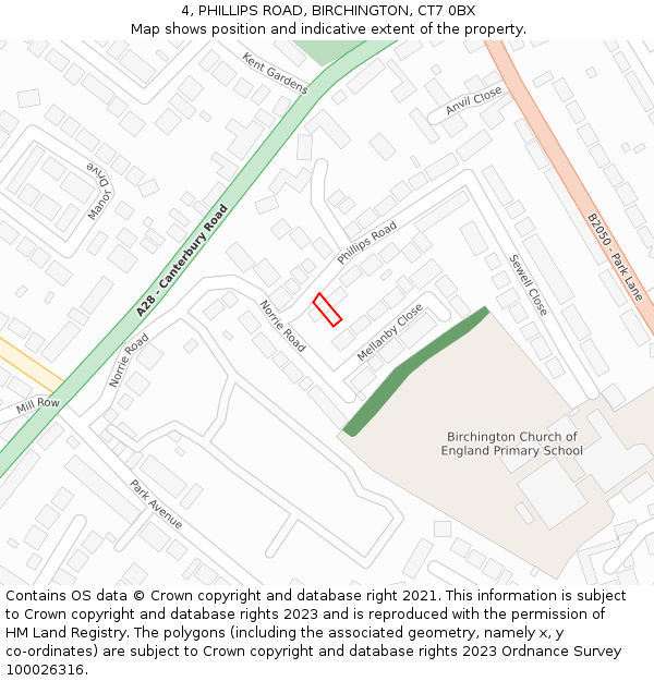 4, PHILLIPS ROAD, BIRCHINGTON, CT7 0BX: Location map and indicative extent of plot