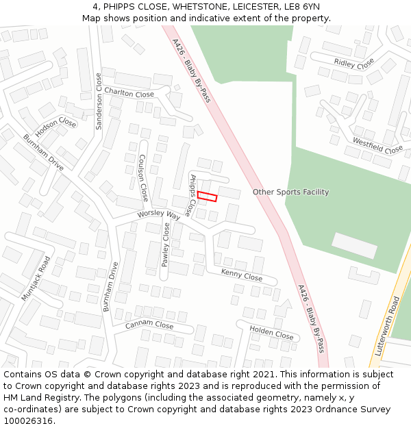 4, PHIPPS CLOSE, WHETSTONE, LEICESTER, LE8 6YN: Location map and indicative extent of plot