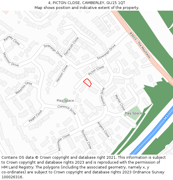 4, PICTON CLOSE, CAMBERLEY, GU15 1QT: Location map and indicative extent of plot