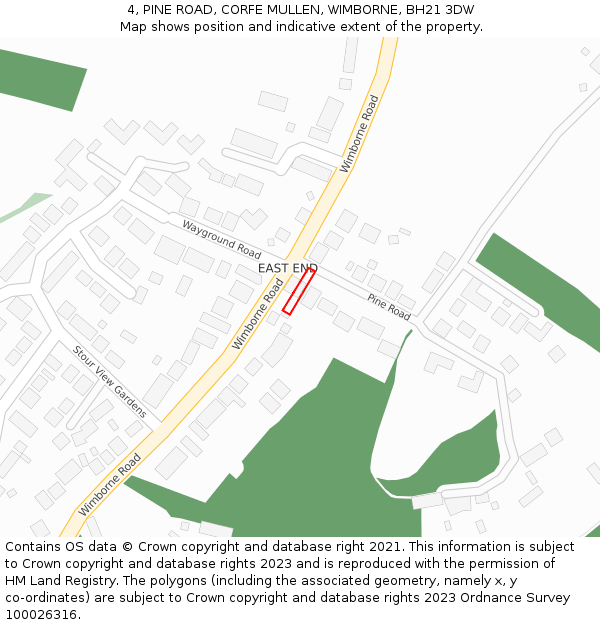 4, PINE ROAD, CORFE MULLEN, WIMBORNE, BH21 3DW: Location map and indicative extent of plot