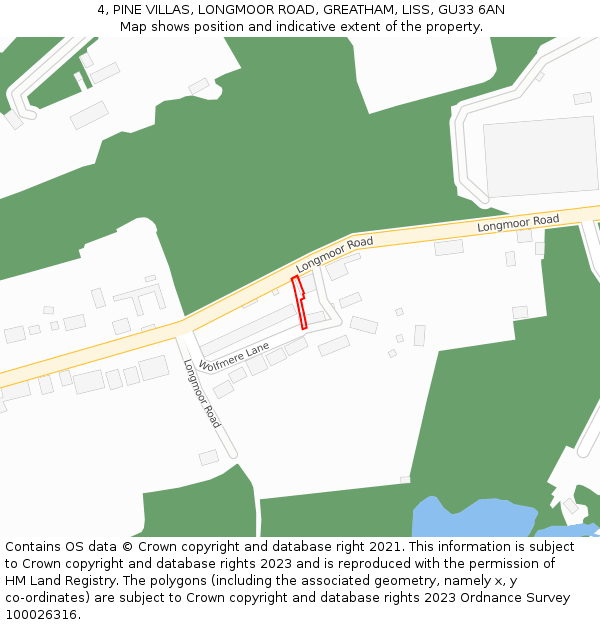 4, PINE VILLAS, LONGMOOR ROAD, GREATHAM, LISS, GU33 6AN: Location map and indicative extent of plot