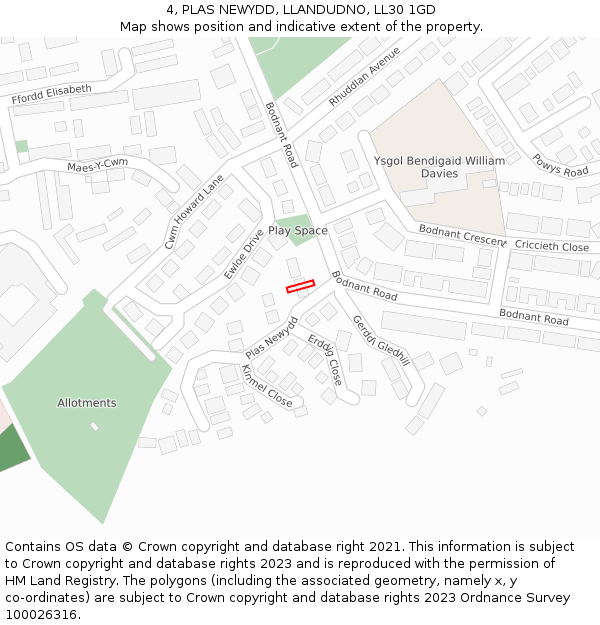 4, PLAS NEWYDD, LLANDUDNO, LL30 1GD: Location map and indicative extent of plot