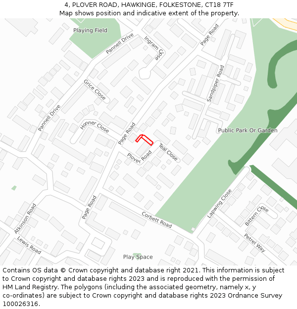 4, PLOVER ROAD, HAWKINGE, FOLKESTONE, CT18 7TF: Location map and indicative extent of plot