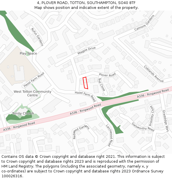 4, PLOVER ROAD, TOTTON, SOUTHAMPTON, SO40 8TF: Location map and indicative extent of plot