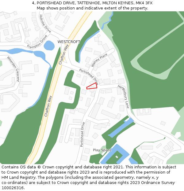 4, PORTISHEAD DRIVE, TATTENHOE, MILTON KEYNES, MK4 3FX: Location map and indicative extent of plot