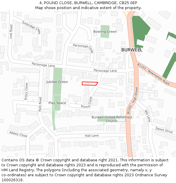 4, POUND CLOSE, BURWELL, CAMBRIDGE, CB25 0EP: Location map and indicative extent of plot