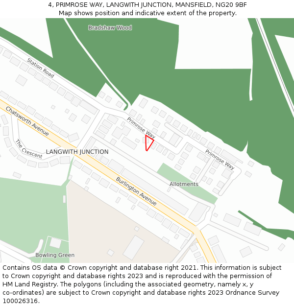 4, PRIMROSE WAY, LANGWITH JUNCTION, MANSFIELD, NG20 9BF: Location map and indicative extent of plot