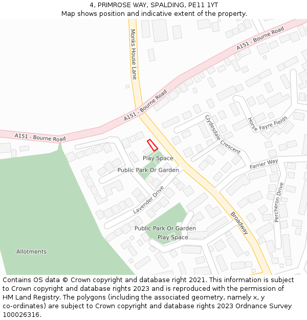 4, PRIMROSE WAY, SPALDING, PE11 1YT: Location map and indicative extent of plot