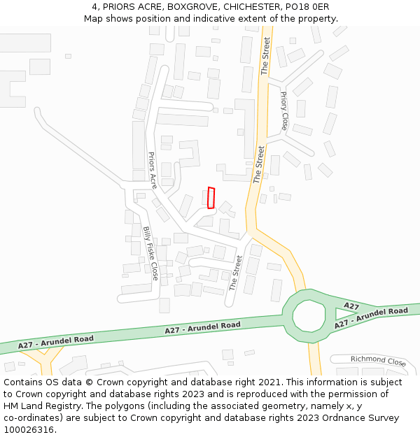 4, PRIORS ACRE, BOXGROVE, CHICHESTER, PO18 0ER: Location map and indicative extent of plot