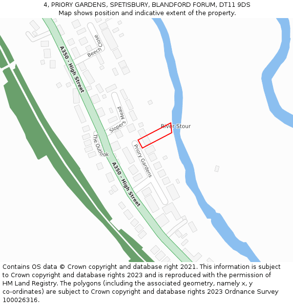 4, PRIORY GARDENS, SPETISBURY, BLANDFORD FORUM, DT11 9DS: Location map and indicative extent of plot