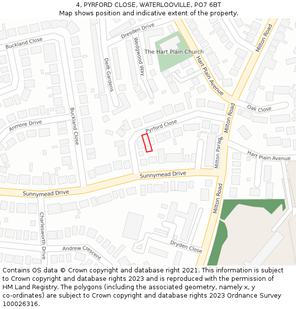 4, PYRFORD CLOSE, WATERLOOVILLE, PO7 6BT: Location map and indicative extent of plot