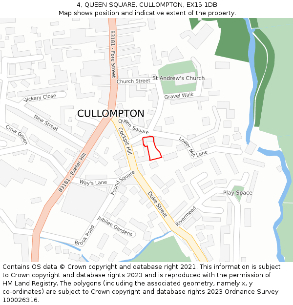 4, QUEEN SQUARE, CULLOMPTON, EX15 1DB: Location map and indicative extent of plot