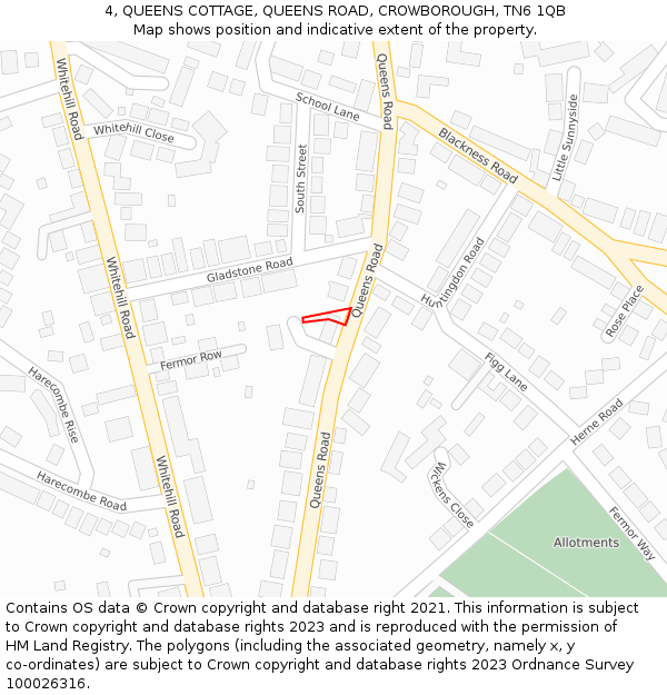 4, QUEENS COTTAGE, QUEENS ROAD, CROWBOROUGH, TN6 1QB: Location map and indicative extent of plot