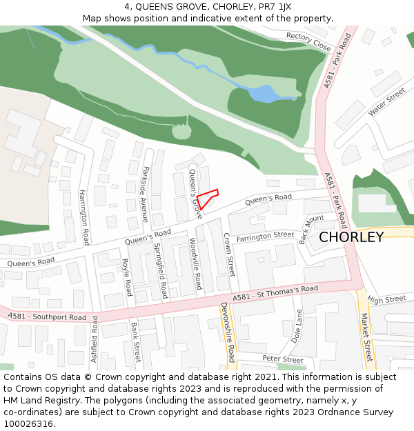 4, QUEENS GROVE, CHORLEY, PR7 1JX: Location map and indicative extent of plot