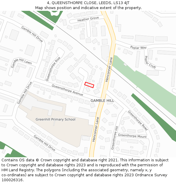 4, QUEENSTHORPE CLOSE, LEEDS, LS13 4JT: Location map and indicative extent of plot